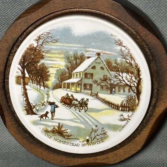 2 Vntg Jerry Abrams Currier Ives Wall Plaque Cottage Decor Ceramic Tile & Wood - Picture 4 of 12